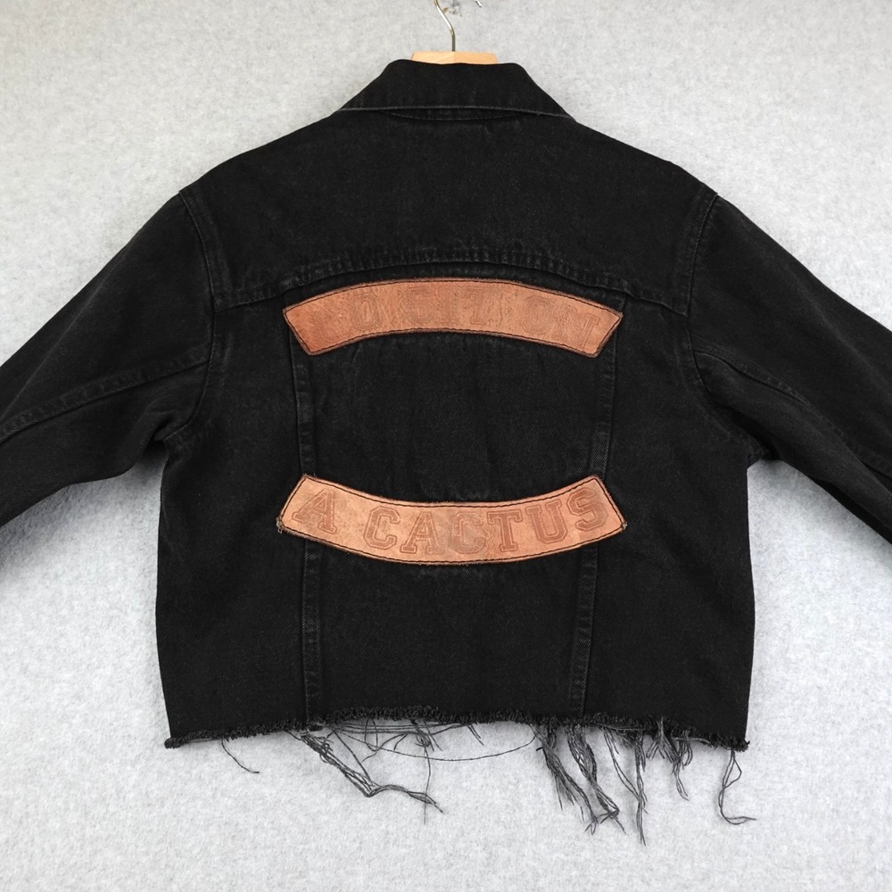 UNDERSTATED LEATHER Small "Go Sit On A Cactus" Appliqué Denim Jean Jacket Crop